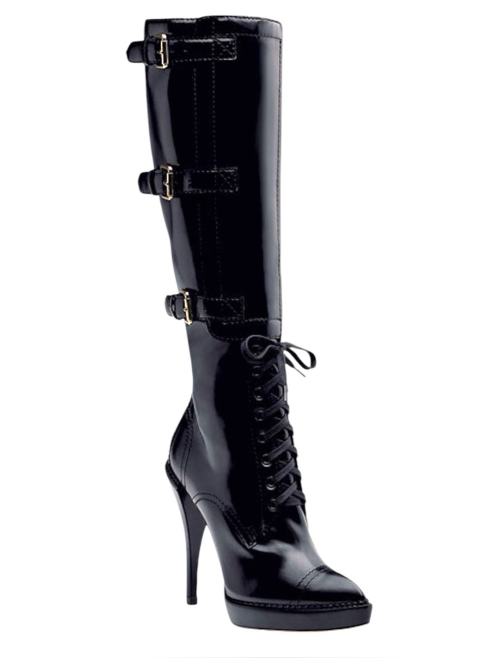 GUCCI VINTAGE Black Leather Riddle Knee High Lace-Up Platform Heeled Boot 2009 - Picture 3 of 15